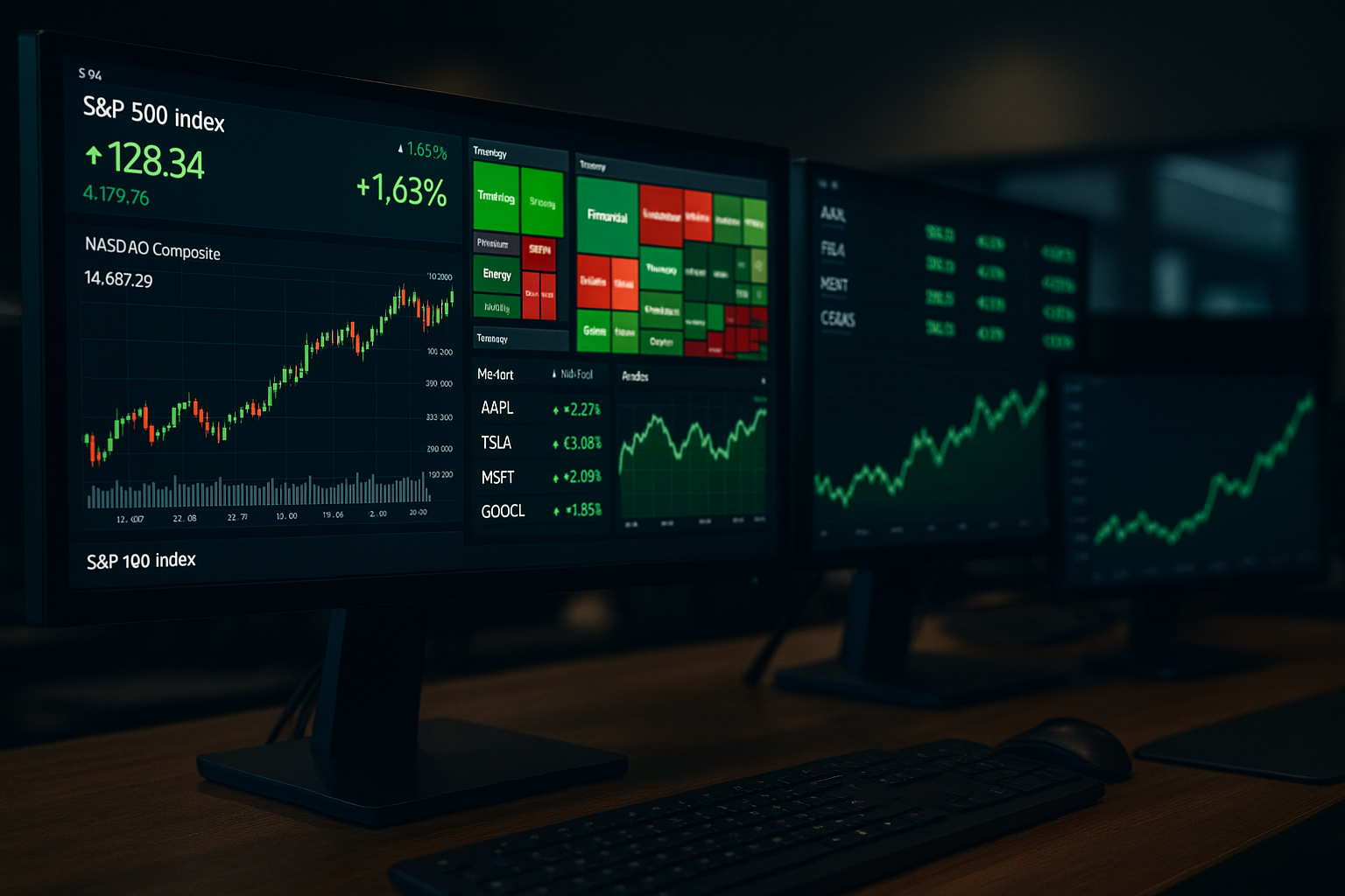 Dashboard of U.S. stock market performance on multiple screens
